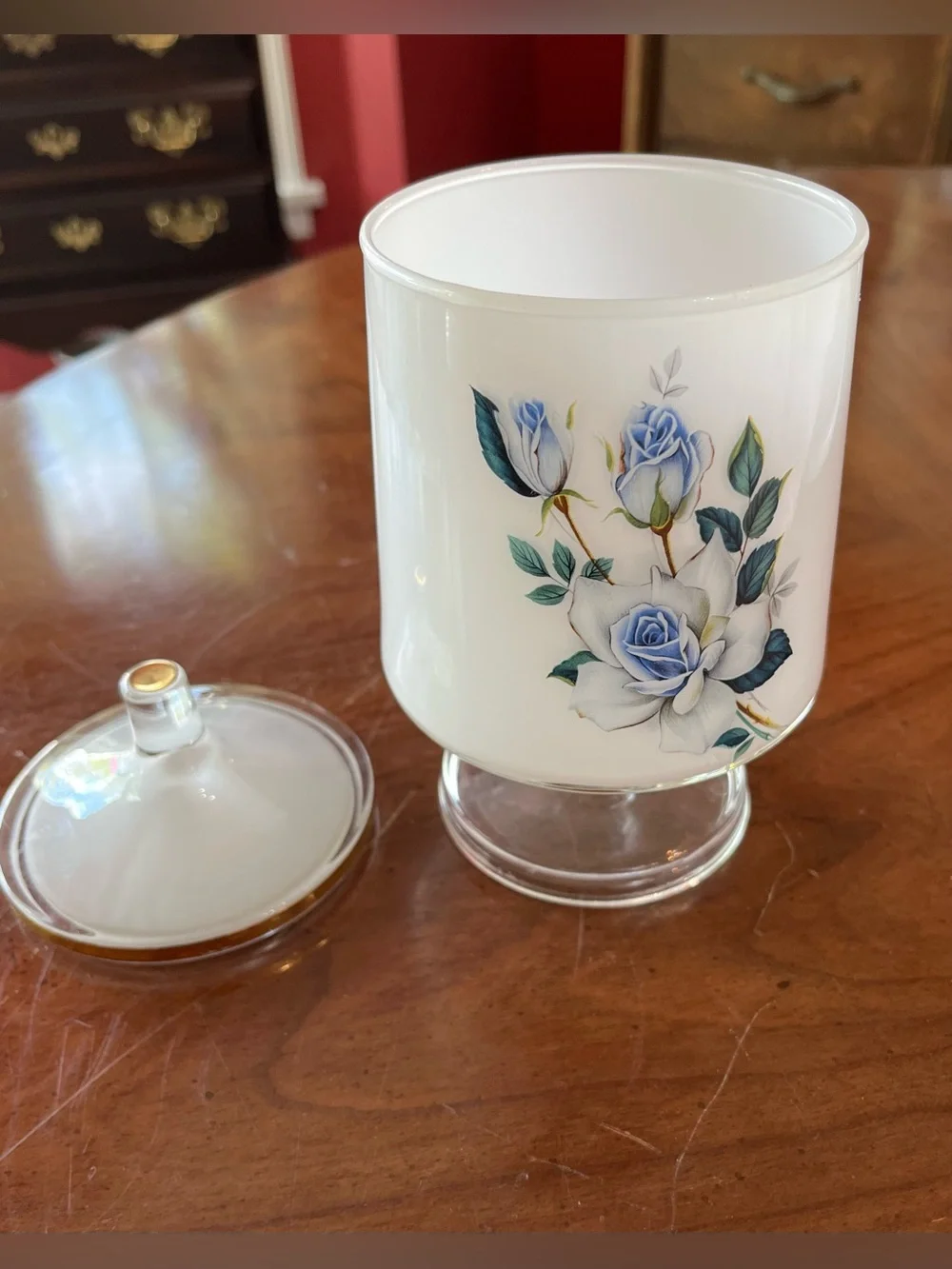West Virginia Glass White Frosted Blue Roses Pedestal Apothecary Jar w Lid
